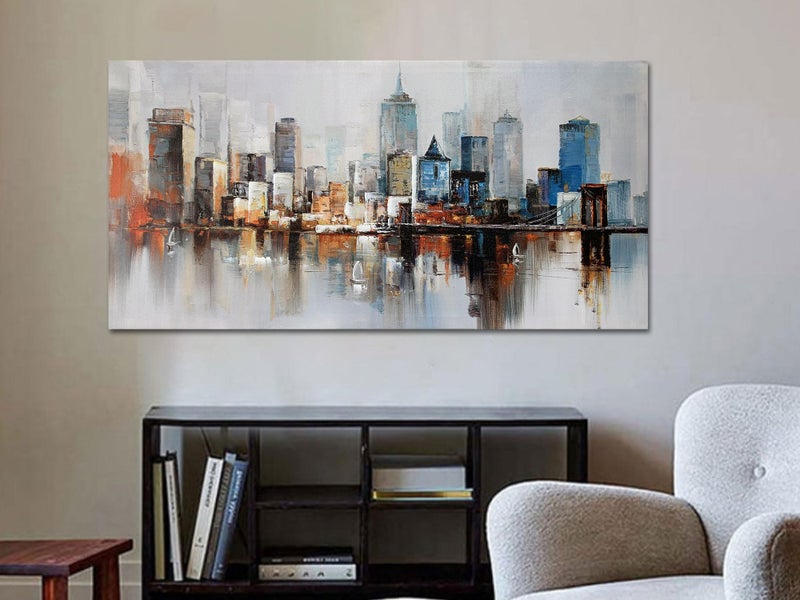 Arjun Brooklyn Bridge Wall Art Modern New York City Abstract Canvas Cityscape NY Painting Large Framed Colorful NYC Skyline Textured Picture for Living Room Bedroom Home Office Wall Decor, 48"x24" - Image 4
